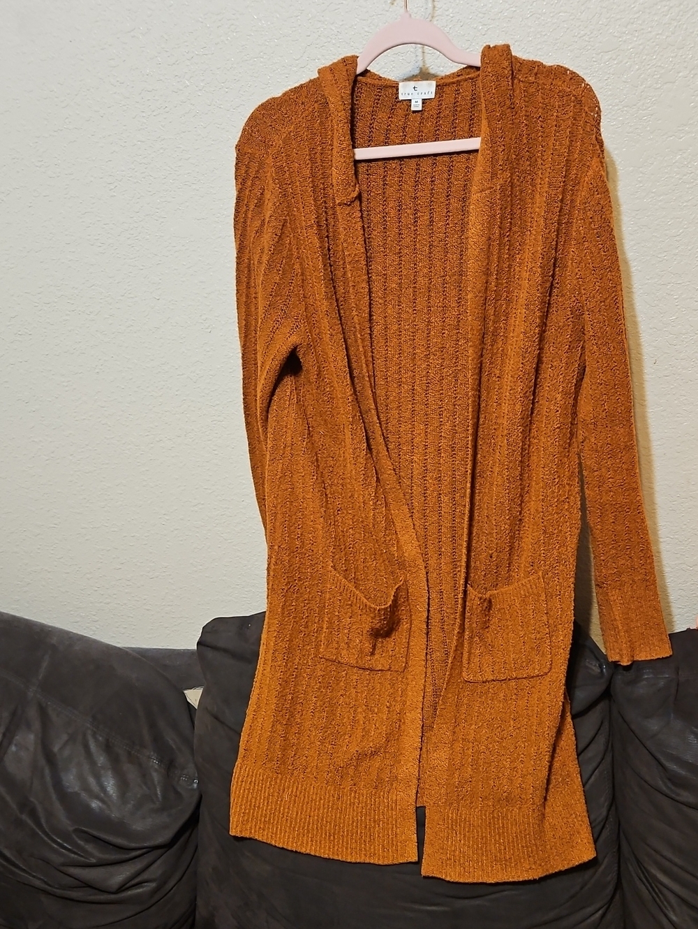 True Craft Rust Orange Knit Open-Front Cardigan with Hood